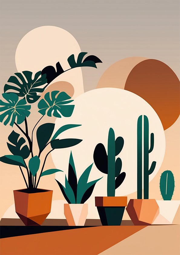 Affiche plantes minimaliste avec cactus, monstera et plantes en pot dans une illustration botanique aux tons terracotta et beige.