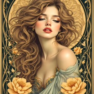 Affiche portrait Art nouveau avec femme aux yeux fermés, cheveux ondulés, fleurs dorées et cadre ornemental vert et or.