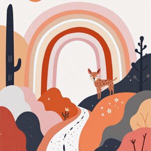 Affiche paysage désert pastel avec faon, arc-en-ciel, cactus, collines stylisées et chemin clair.