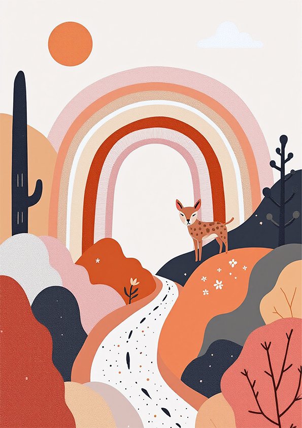 Affiche paysage désert pastel avec faon, arc-en-ciel, cactus, collines stylisées et chemin clair.