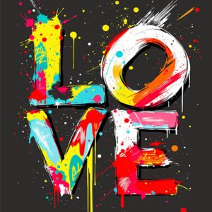 Affiche LOVE street art avec lettres colorées, éclaboussures de peinture et typographie graffiti sur fond noir.
