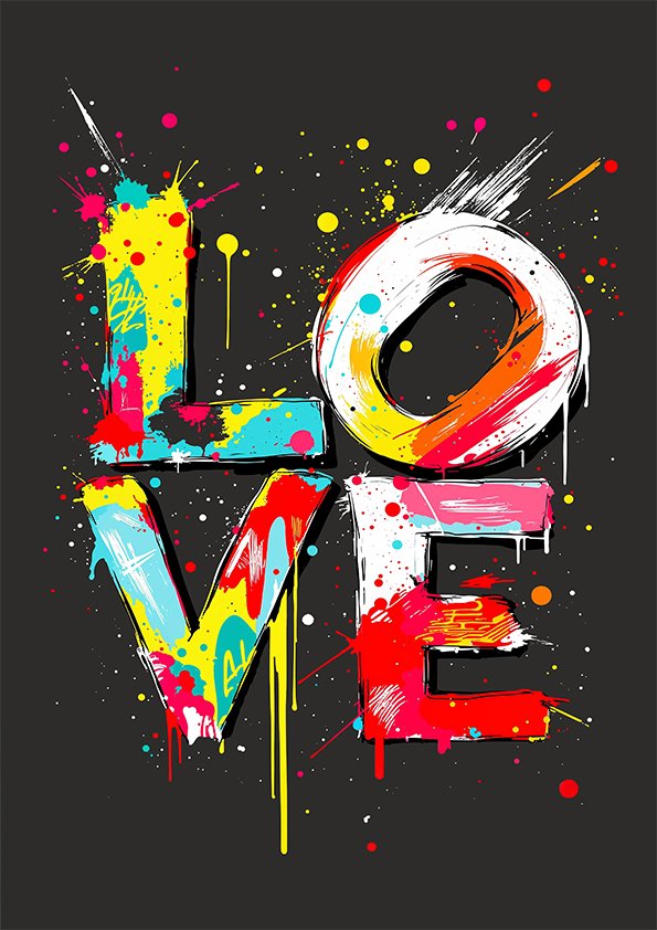 Affiche LOVE street art avec lettres colorées, éclaboussures de peinture et typographie graffiti sur fond noir.