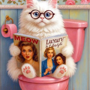 Affiche chat humoristique vintage avec chat blanc à lunettes lisant un magazine sur des toilettes roses dans une salle de bain fleurie.