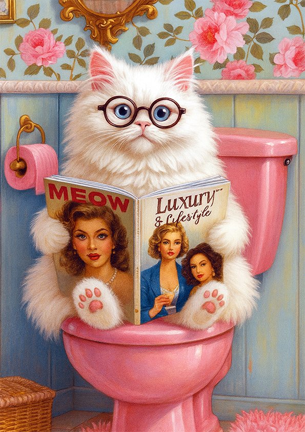 Affiche chat humoristique vintage avec chat blanc à lunettes lisant un magazine sur des toilettes roses dans une salle de bain fleurie.