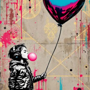 Affiche enfant street art avec casque audio, bulle rose, ballon cœur bleu et rose et fond béton à éclaboussures.