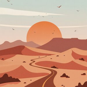 Affiche désert minimaliste avec route sinueuse, dunes, collines et grand soleil terracotta dans un ciel clair.