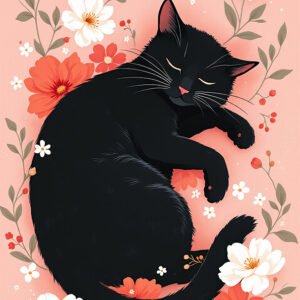 Affiche chat noir floral avec chat endormi sur fond rose, entouré de fleurs blanches, corail et feuillages.