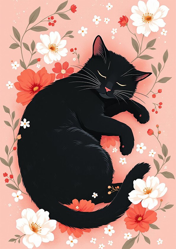 Affiche chat noir floral avec chat endormi sur fond rose, entouré de fleurs blanches, corail et feuillages.