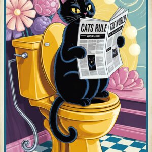 Affiche chat humoristique avec chat noir lisant un journal sur des toilettes jaunes dans une salle de bain rétro colorée.