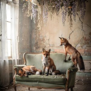 Affiche avec trois renards sur canapé vert vintage sous une suspension florale dans un intérieur ancien lumineux