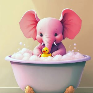 Affiche éléphant rose dans une baignoire avec mousse et canard jaune, en illustration pastel sur fond beige.