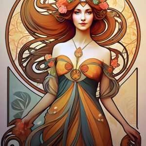 Affiche illustrant une femme au style art nouveau avec cheveux ondulés et motifs floraux dans des tons chauds et décoratifs.