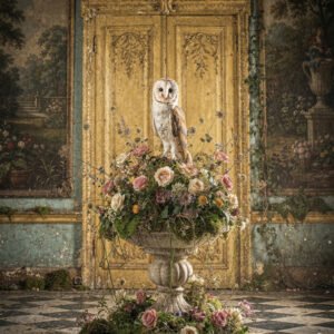 Affiche chouette florale avec chouette blanche perchée sur un vase de fleurs, devant des portes dorées dans un intérieur ancien.