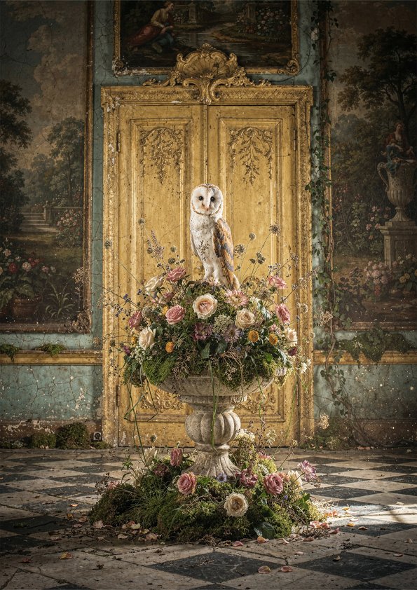Affiche chouette florale avec chouette blanche perchée sur un vase de fleurs, devant des portes dorées dans un intérieur ancien.