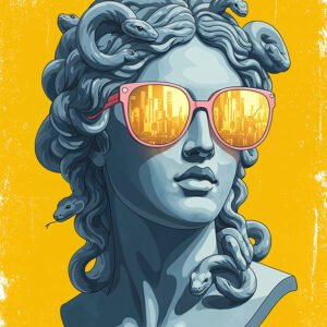 Affiche Méduse pop art avec buste antique aux cheveux de serpents, lunettes roses et fond jaune.