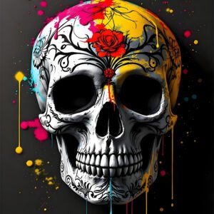 Affiche tête de mort street art avec crâne blanc, motifs floraux noirs, fleur rouge et éclaboussures néon sur fond noir.