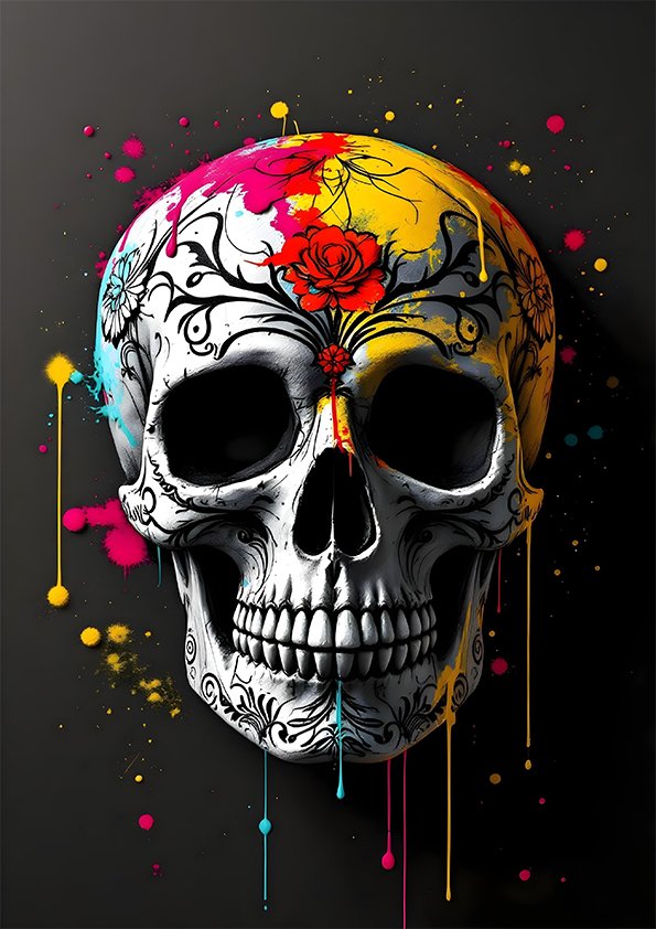 Affiche tête de mort street art avec crâne blanc, motifs floraux noirs, fleur rouge et éclaboussures néon sur fond noir.