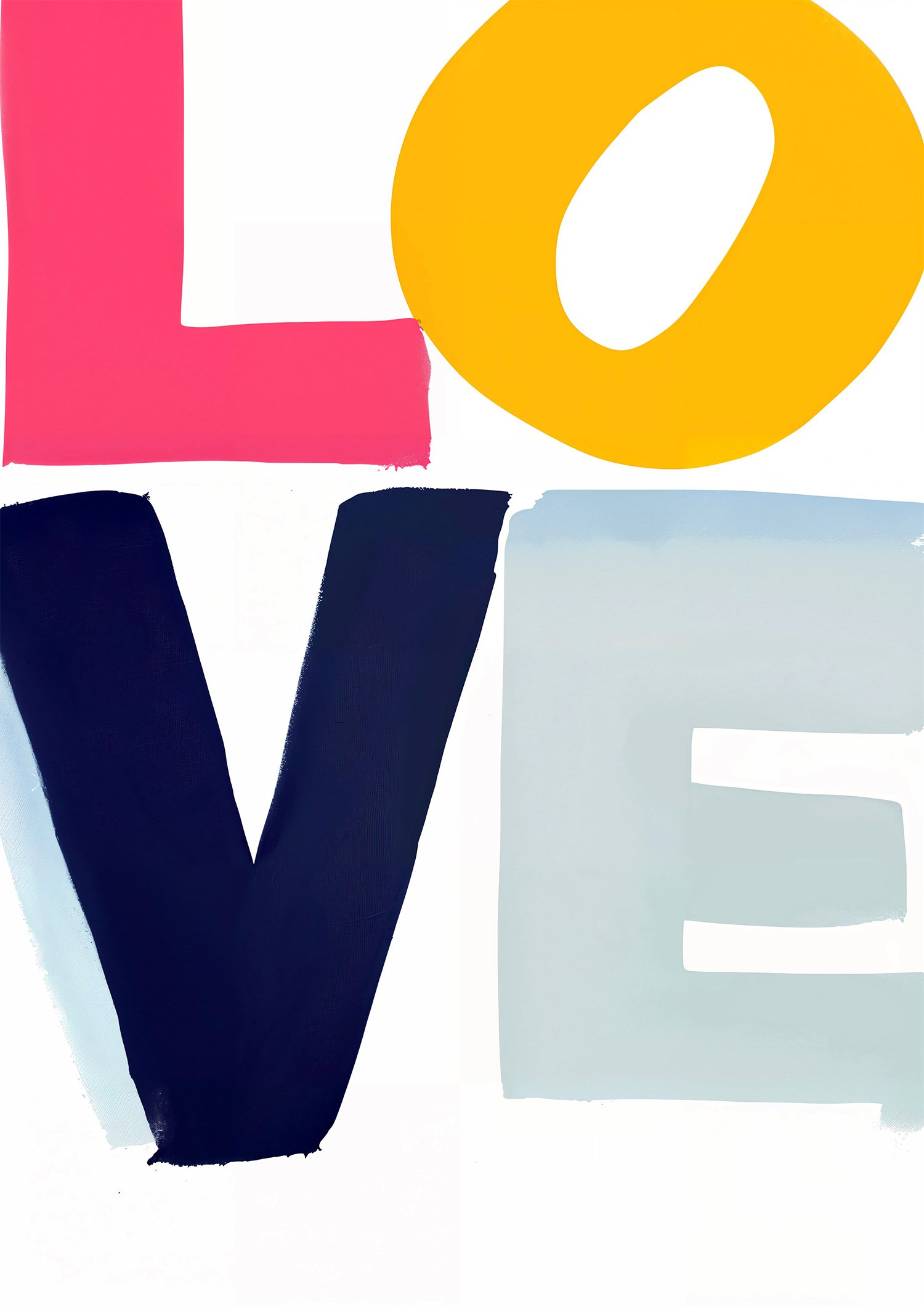 Affiche LOVE minimaliste avec grandes lettres peintes rose, jaune, bleu foncé et gris clair sur fond blanc.