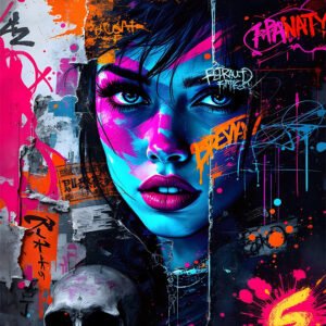 Affiche portrait street art avec visage féminin néon, graffiti coloré, textures murales déchirées et crâne sur fond sombre.