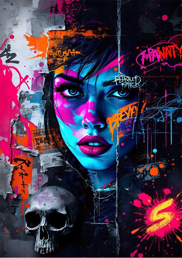 Affiche portrait street art avec visage féminin néon, graffiti coloré, textures murales déchirées et crâne sur fond sombre.