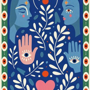 Affiche symbolique avec deux visages bleus, mains avec yeux, cœur rose, feuillage blanc et bordure de motifs œil.