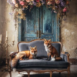Affiche renards vintage avec deux renards sur un canapé ancien, devant une porte bleue patinée et une composition florale.
