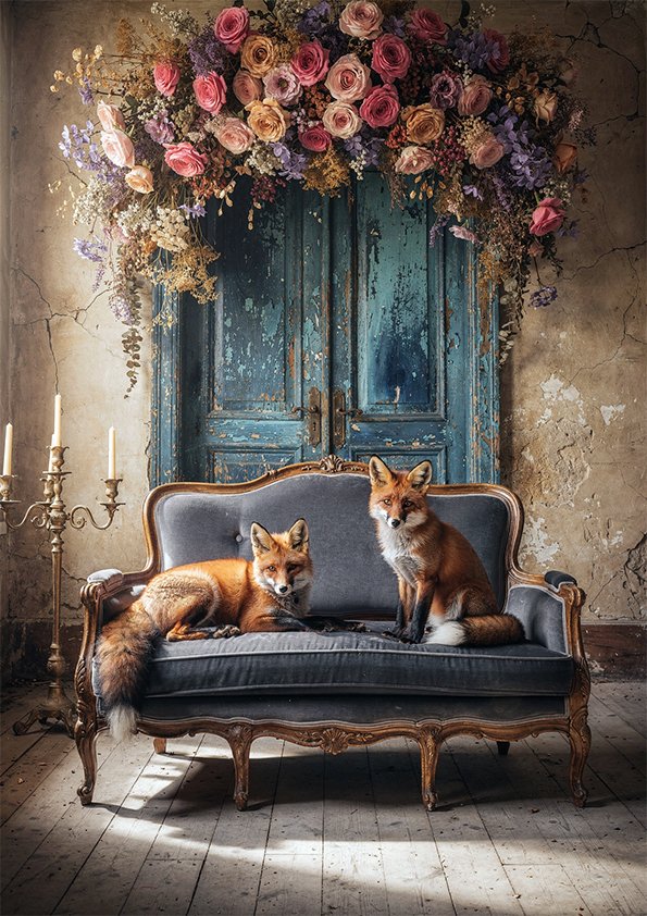 Affiche renards vintage avec deux renards sur un canapé ancien, devant une porte bleue patinée et une composition florale.