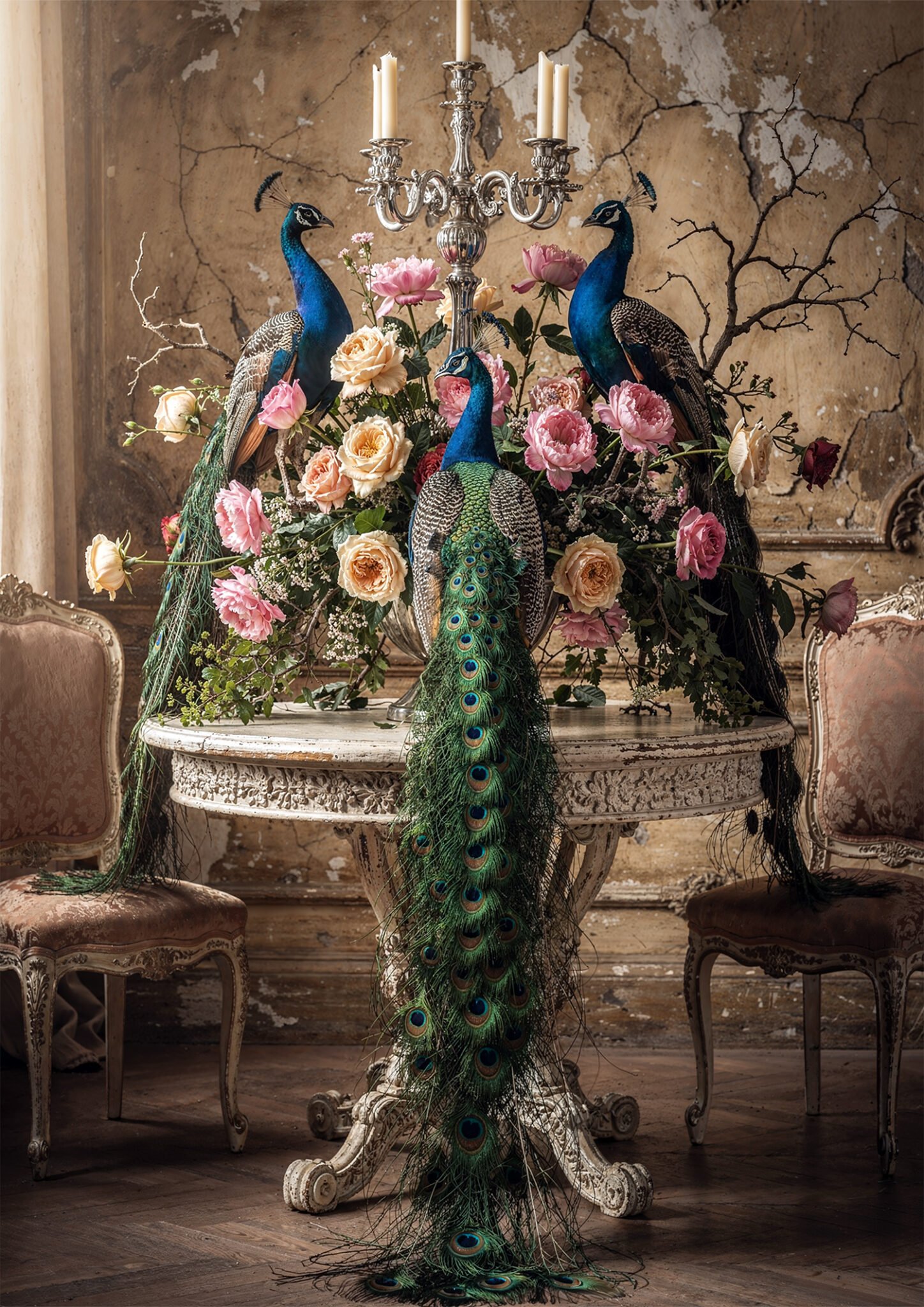 Affiche représentant deux paons disposés autour d’un immense bouquet de roses dans un salon ancien
