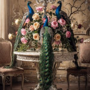 Affiche avec trois paons autour d’un bouquet de roses sur table ancienne sous chandelier dans un intérieur vintage