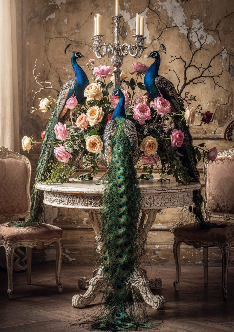 Affiche représentant deux paons disposés autour d’un immense bouquet de roses dans un salon ancien