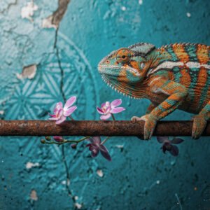 Affiche caméléon coloré posé sur une barre rouillée, avec orchidées roses et mur turquoise craquelé en arrière-plan.