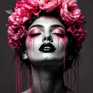 Affiche portrait floral avec visage féminin aux yeux fermés, couronne de fleurs roses et maquillage rose coulant sur fond sombre.