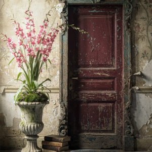 Affiche porte vintage avec porte rouge patinée, vase de fleurs roses, livres au sol et mur ancien fissuré.