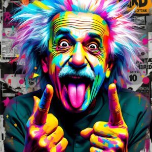 Affiche portrait pop art avec homme aux cheveux hérissés, visage multicolore, langue tirée et fond collage street art.