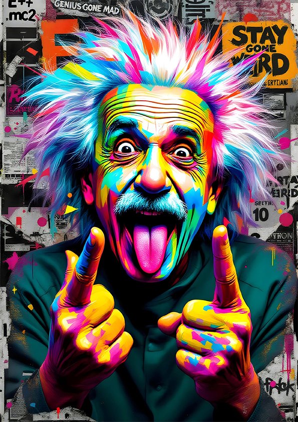 Affiche portrait pop art avec homme aux cheveux hérissés, visage multicolore, langue tirée et fond collage street art.