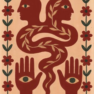 Affiche symbolique florale avec deux visages rouges, mains avec yeux, feuillages et bordure de fleurs rouges sur fond beige.