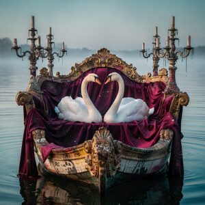 Affiche cygnes baroque avec deux cygnes blancs sur un canapé bateau en velours bordeaux, flottant sur l’eau.