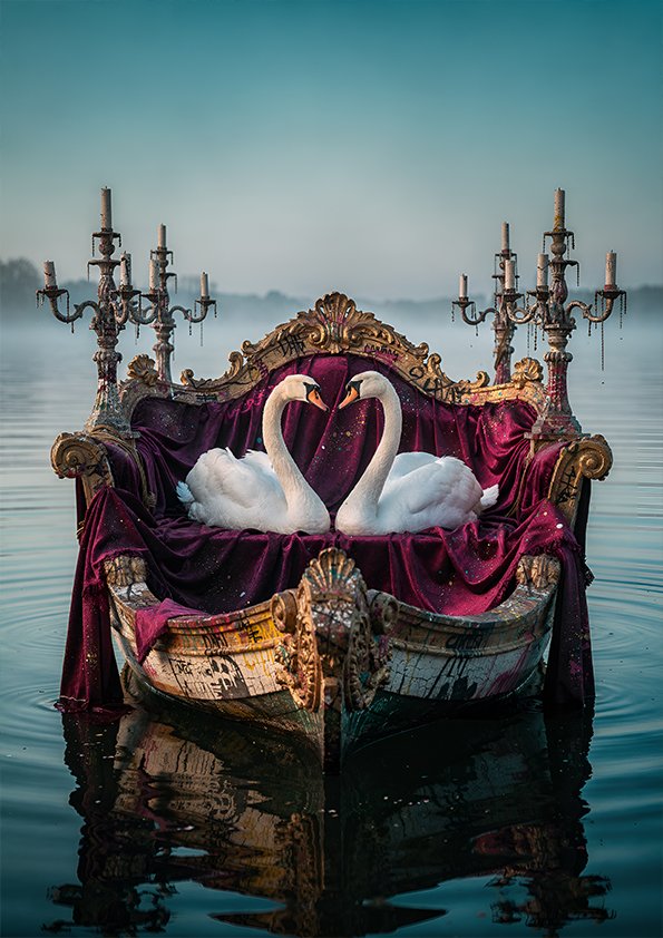 Affiche cygnes baroque avec deux cygnes blancs sur un canapé bateau en velours bordeaux, flottant sur l’eau.