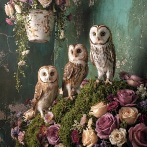 Affiche avec trois chouettes posées sur mousse et fleurs devant un mur vert vieilli avec suspension florale