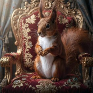 Affiche avec un écureuil roux assis sur un fauteuil baroque rouge aux détails dorés dans un décor classique