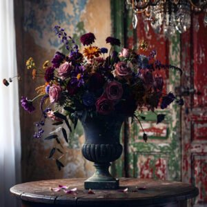 Affiche avec bouquet de fleurs colorées dans un vase sur table en bois devant mur et porte vintage patinés