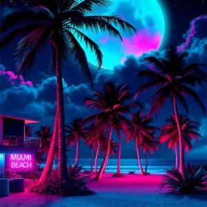 Affiche Miami Beach en illustration néon avec palmiers, plage nocturne, grande lune turquoise et enseigne lumineuse rose.