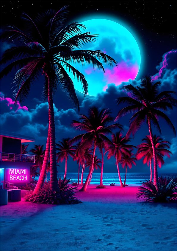 Affiche Miami Beach en illustration néon avec palmiers, plage nocturne, grande lune turquoise et enseigne lumineuse rose.