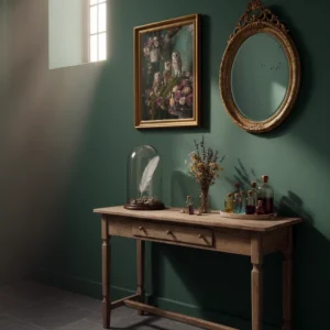 Affiche de chouettes entourées de fleurs dans un intérieur vintage avec console en bois et mur vert