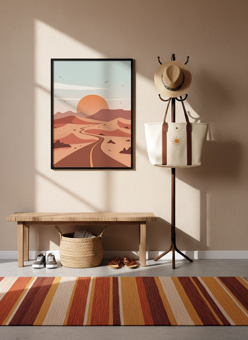 Affiche désert minimaliste avec route et soleil couchant dans une entrée au style naturel.