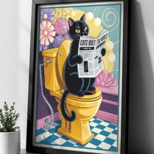 Affiche illustrée de chat noir lisant le journal assis sur des toilettes jaunes