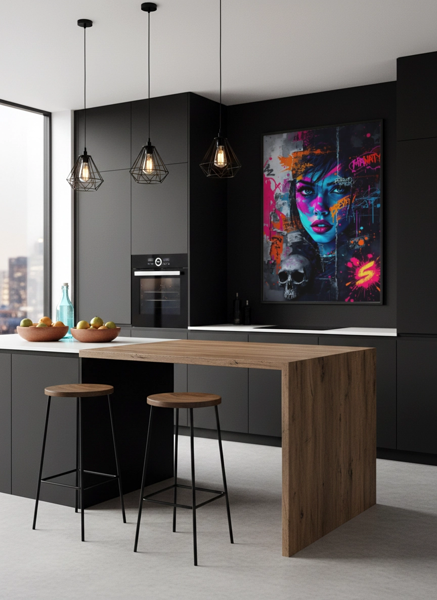 affiche street art portrait coloré dans cuisine moderne noire