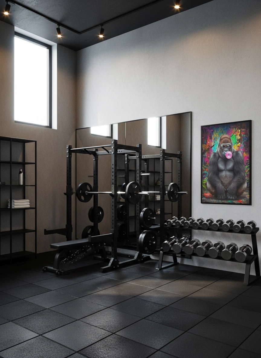 Affiche gorille street art dans une salle de sport, gorille à lunettes avec bulle rose, fond graffiti multicolore au mur.