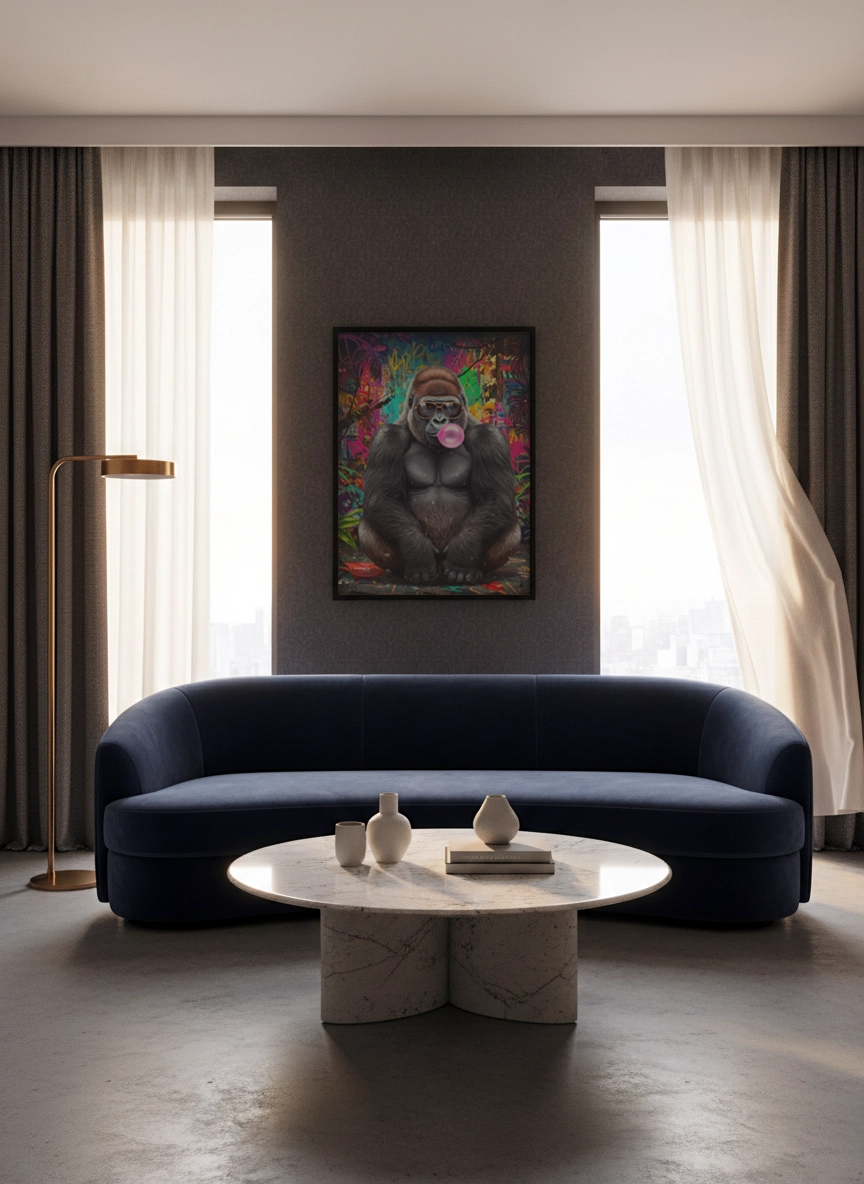 Affiche gorille street art au-dessus d’un canapé, gorille à lunettes soufflant une bulle rose, fond graffiti multicolore.