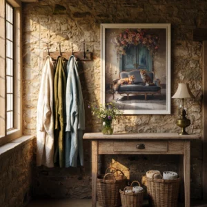 Entrée en pierre avec manteaux sur patère, console en bois et paniers, et grande affiche encadrée montrant deux renards sur un canapé devant une porte bleue fleurie.